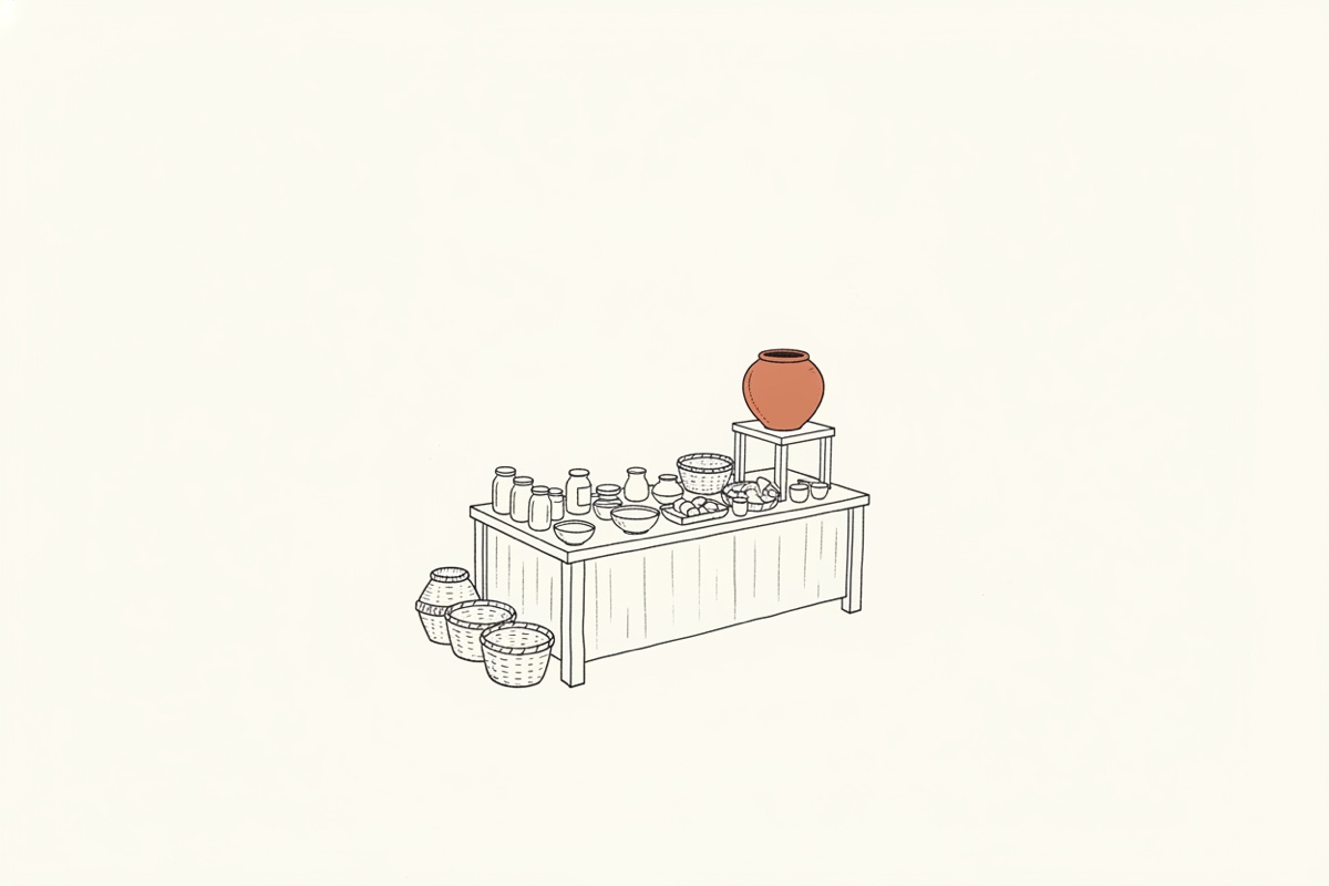 Line illustration: a small market stall with many items on the counter and one item raised on a pedestal above them