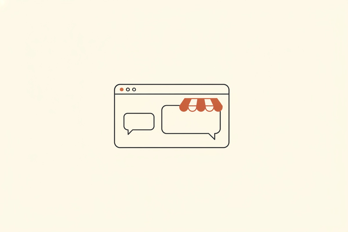 Line illustration: a chat window rectangle with rounded message bubbles, and a tiny shop awning over the lowest bubble.