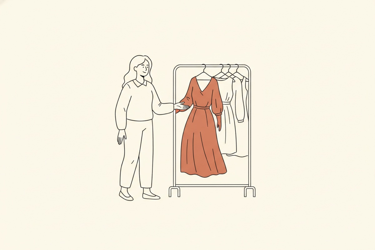 Line illustration: an assistant figure warmly guiding a shopper by the hand toward a clothing rack