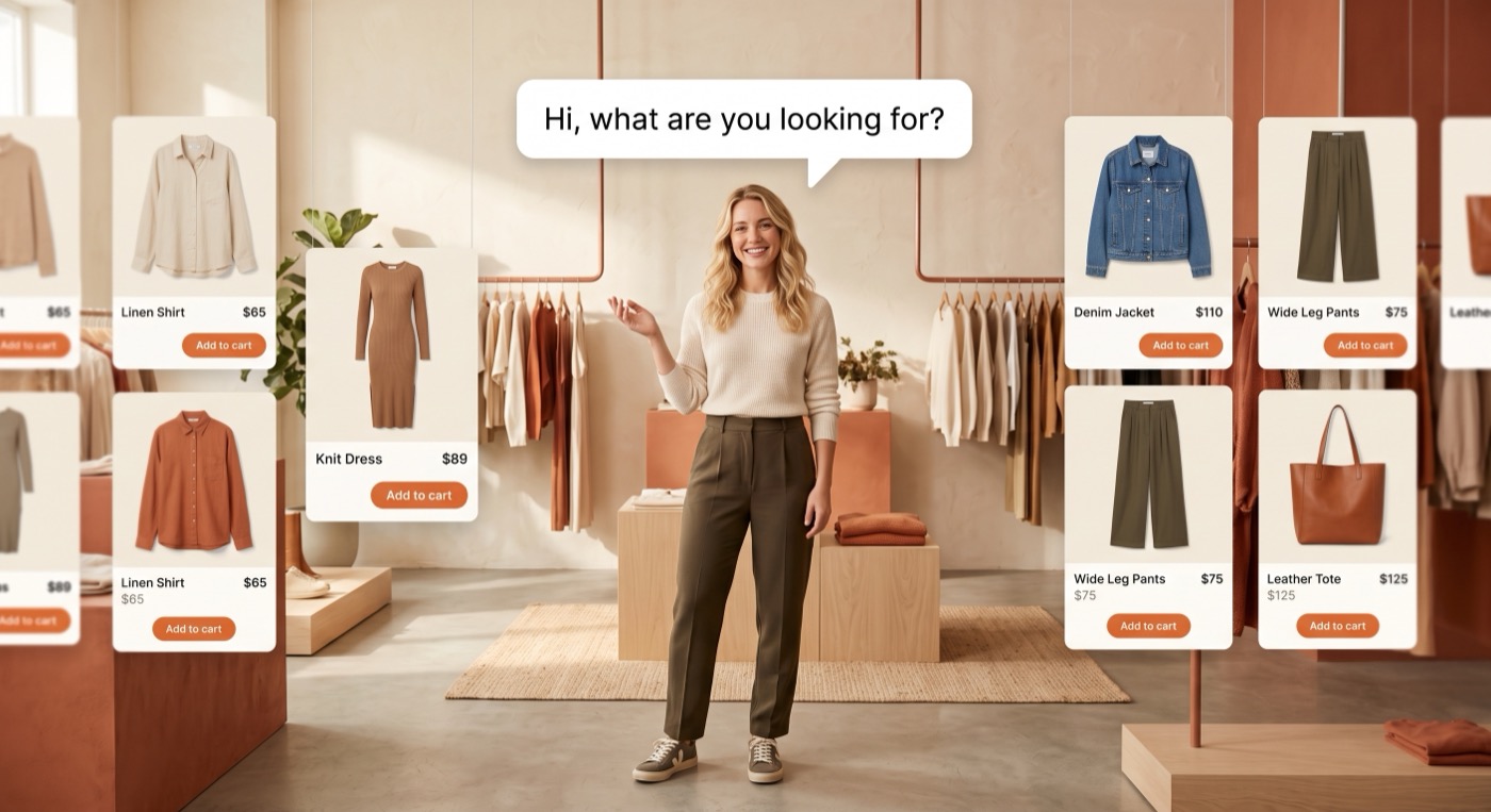 A friendly blonde shopping assistant in an ecommerce store asking: hi, what are you looking for?