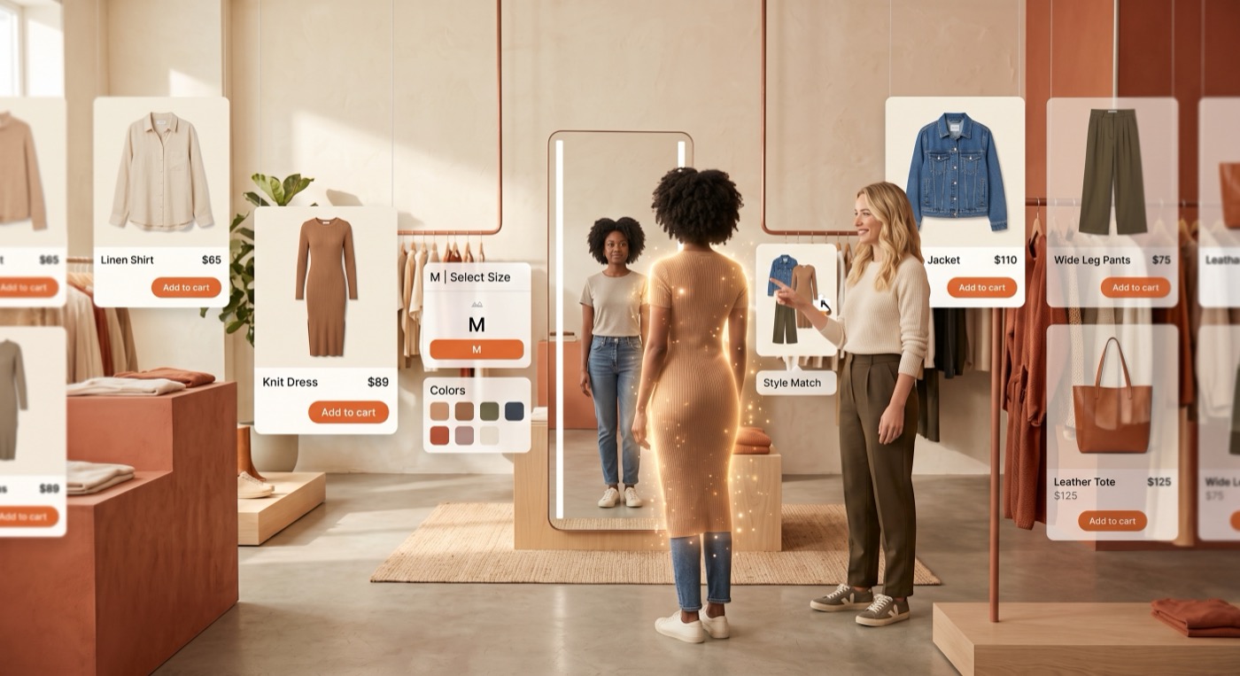 The assistant dressing a shopper virtually, outfits appearing on them in a mirror view