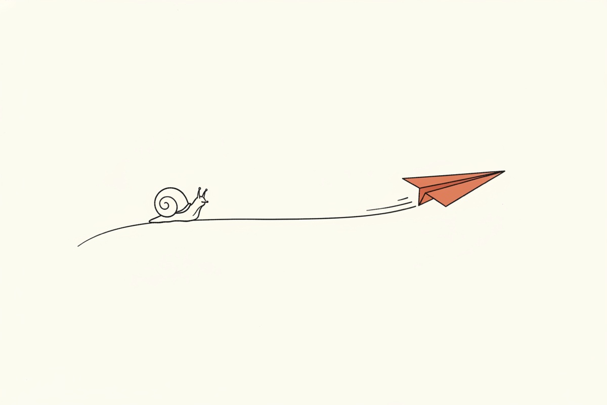 Line illustration: a paper airplane racing ahead of a snail on the same line.