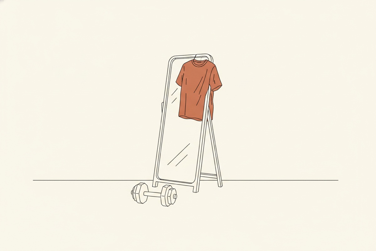 Line illustration: a t-shirt tossed over the corner of a standing mirror with a dumbbell on the floor.