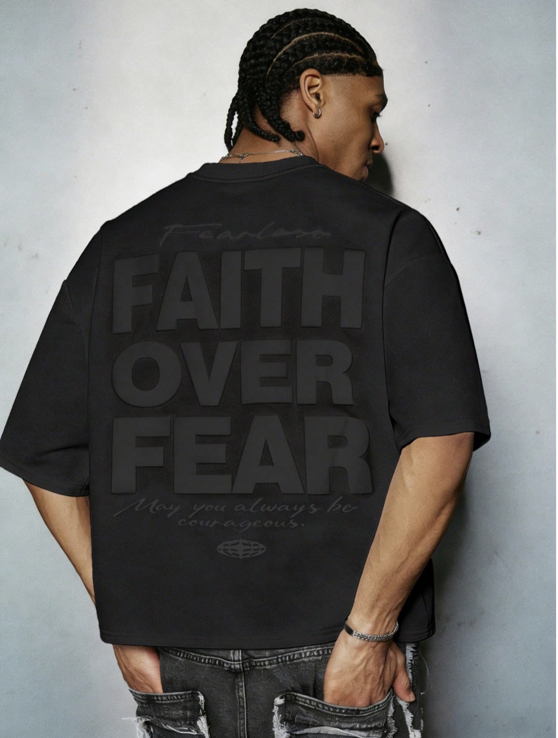 Black oversized tee with Faith Over Fear print