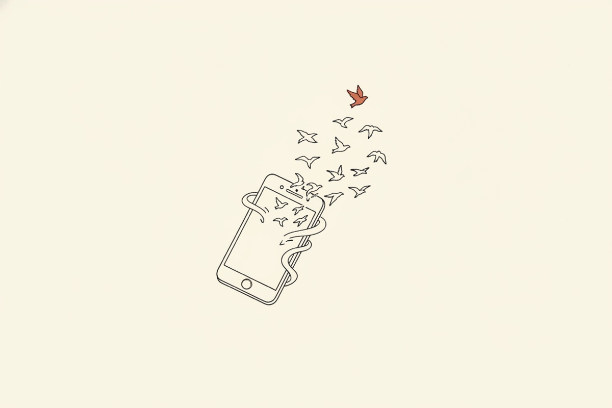 Line illustration: a phone dissolving from one corner into a flock of small birds flying away; one bird is the terracotta accent.