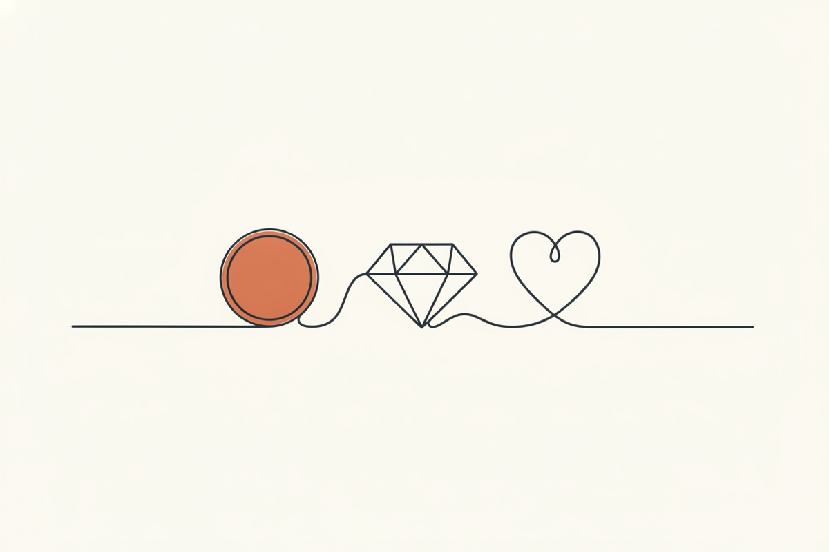Line illustration: one single continuous line that loops through the shape of a coin, a diamond and a heart without lifting.