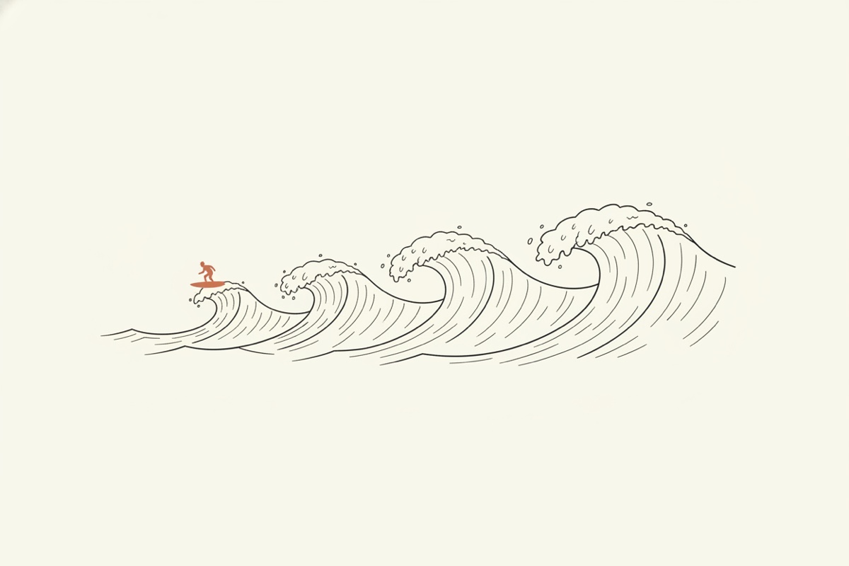 Line illustration: four ocean waves rising in sequence, each larger than the last, with a tiny surfer riding the first.