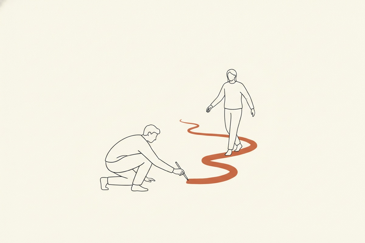 Line illustration: a figure walking confidently along a line that a second figure ahead is drawing for them.