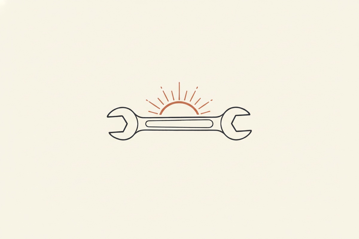 Line illustration: a wrench radiating short rays of light like a rising sun.