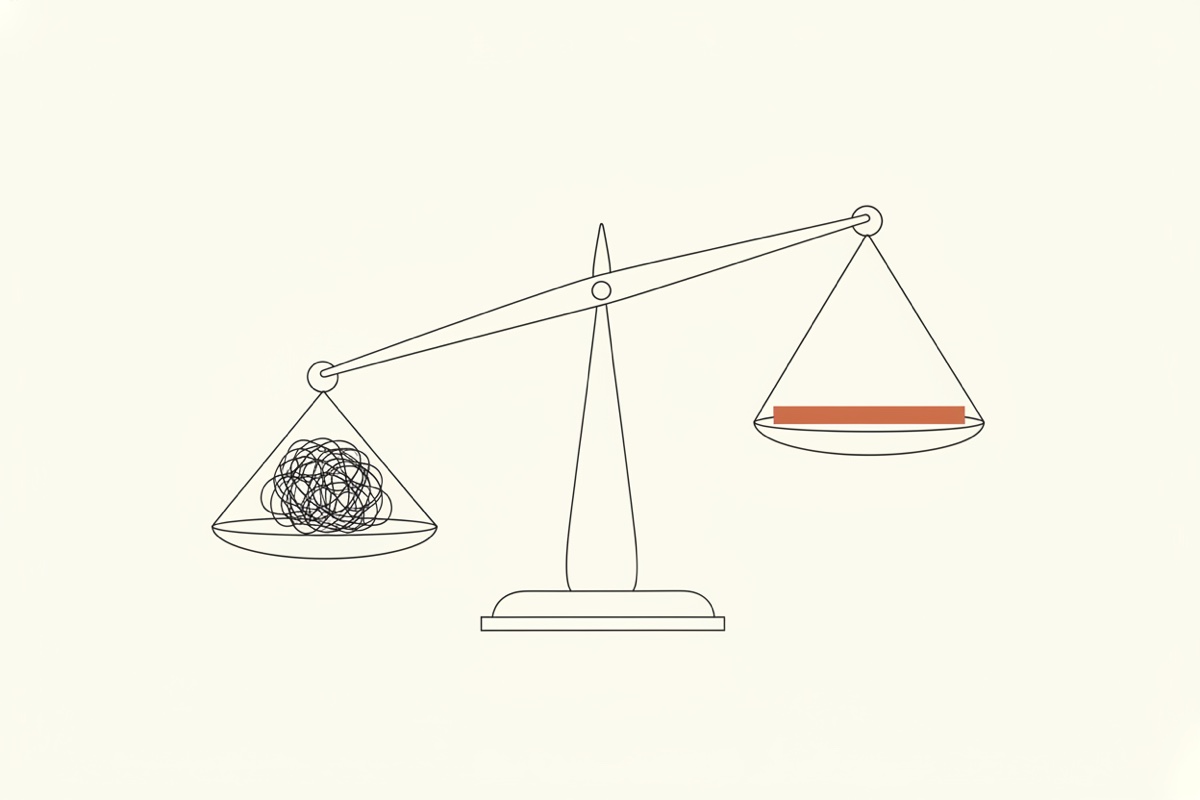 Line illustration: a scale balances a tangled knot on one side against a single straight line on the other.