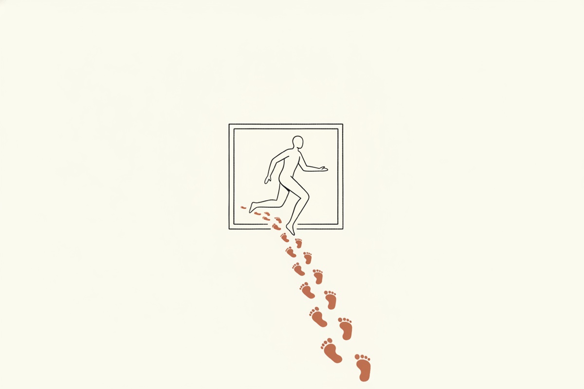 Line illustration: a figure stepping out of a square frame, leaving footprints that walk off the frame.