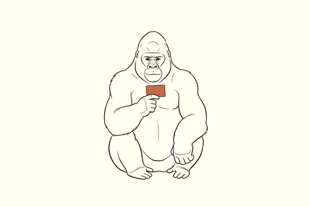 Line illustration: a gorilla sitting calmly and holding up a small card.