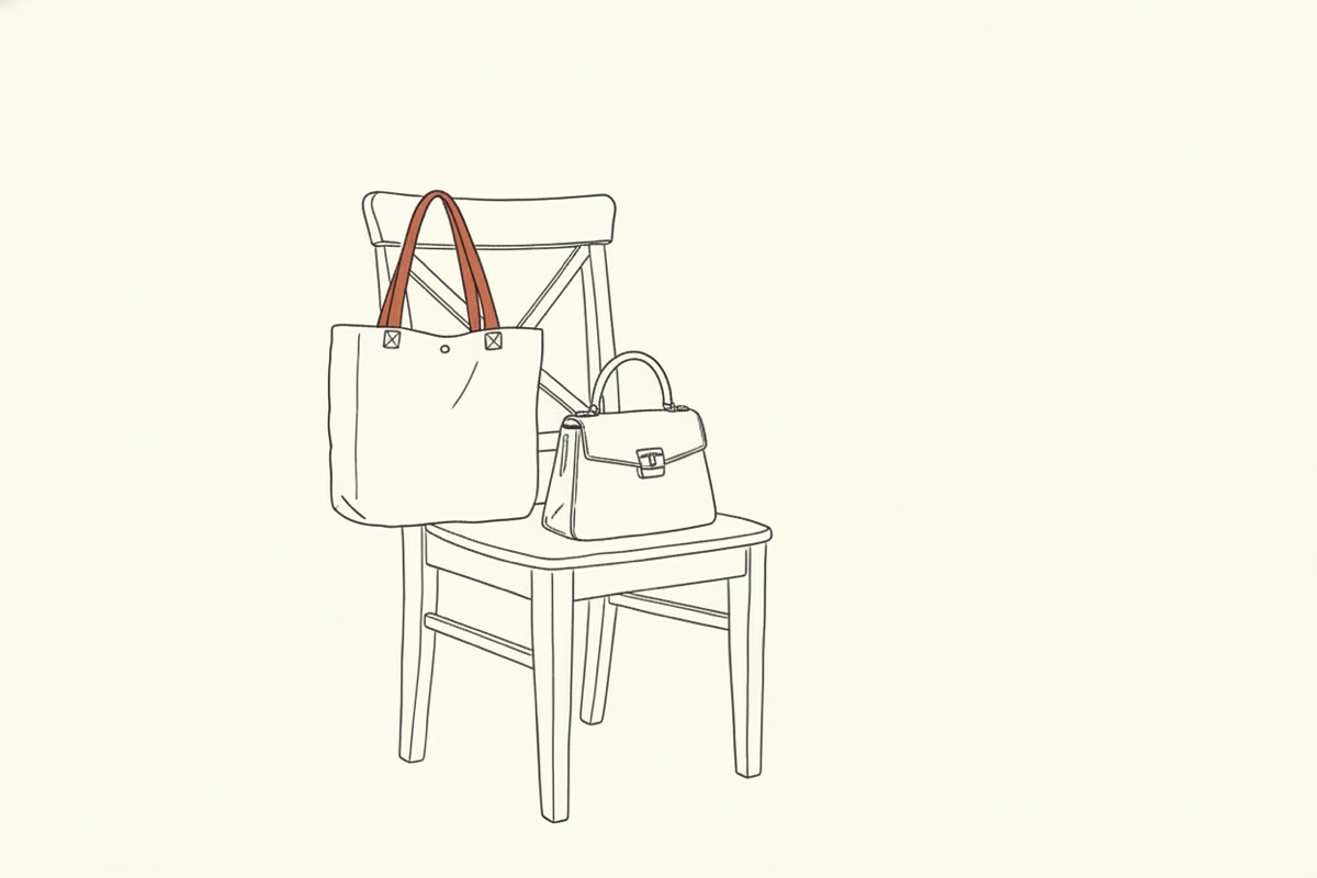 Line illustration: a canvas tote bag sits open on a chair beside a folded designer handbag, both carried the same way.