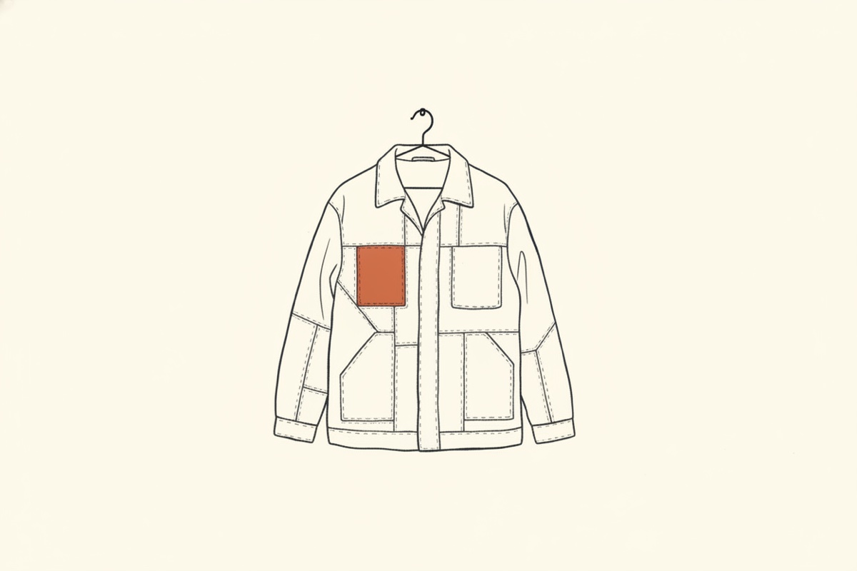 Line illustration: a jacket on a hanger stitched together from mismatched panels with visible seams; one panel is the terracotta accent.