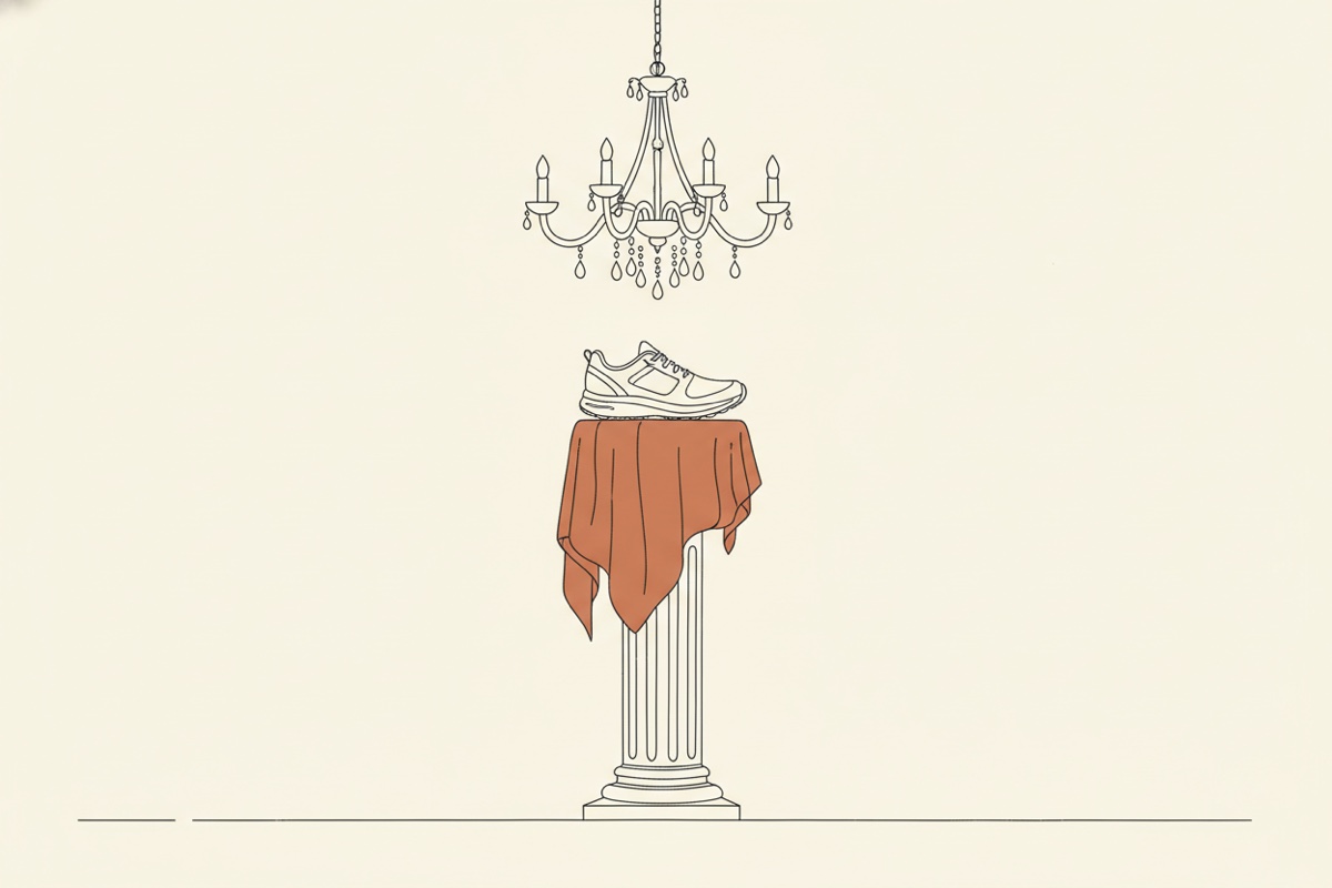 Line illustration: a running shoe displayed on a tall pedestal beneath a chandelier