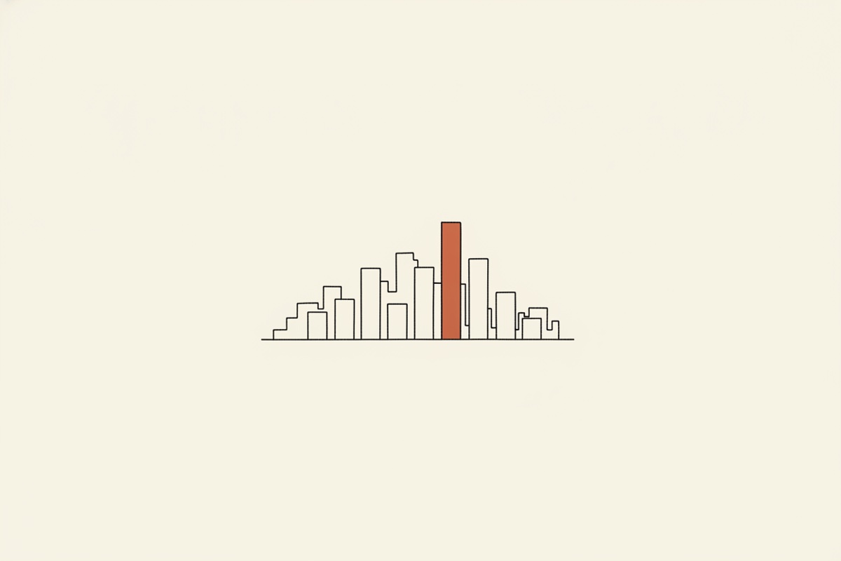 Line illustration: a bar chart whose bars form a small city skyline, the tallest bar in terracotta.
