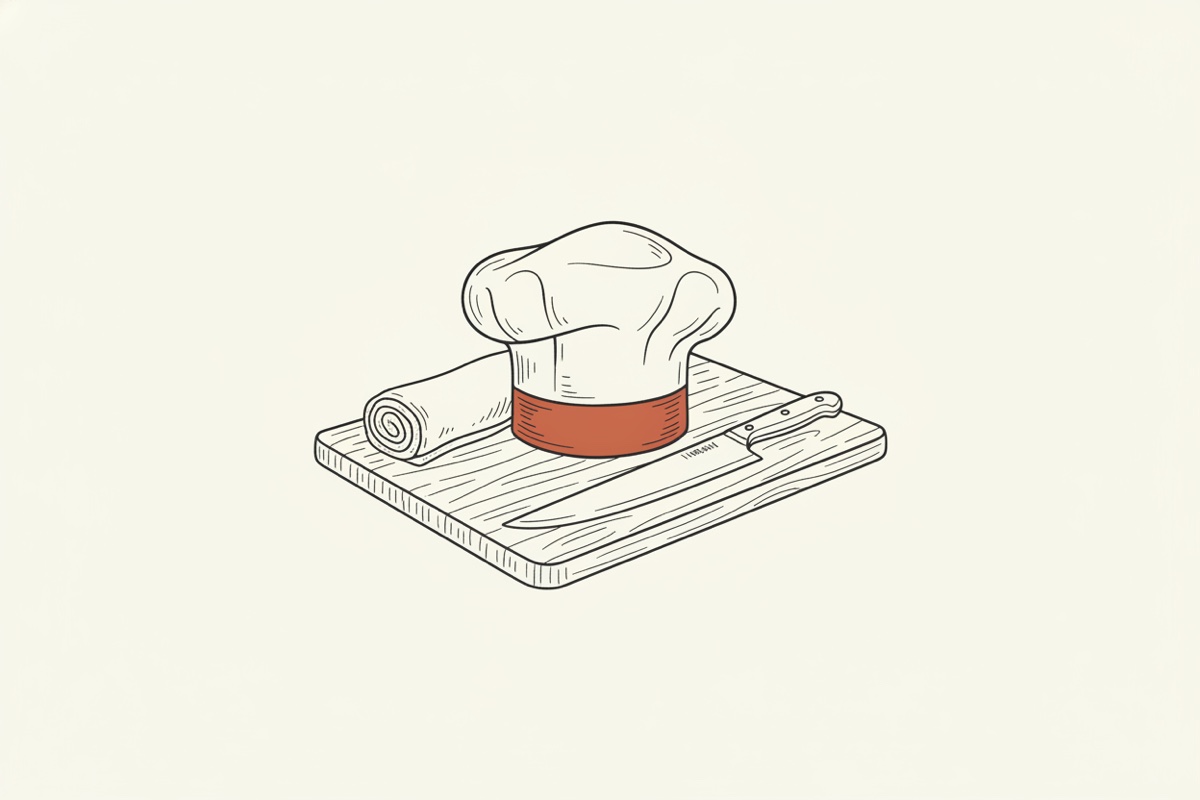 Line illustration: a chef's toque resting beside a rolled napkin and a single knife on a cutting board.