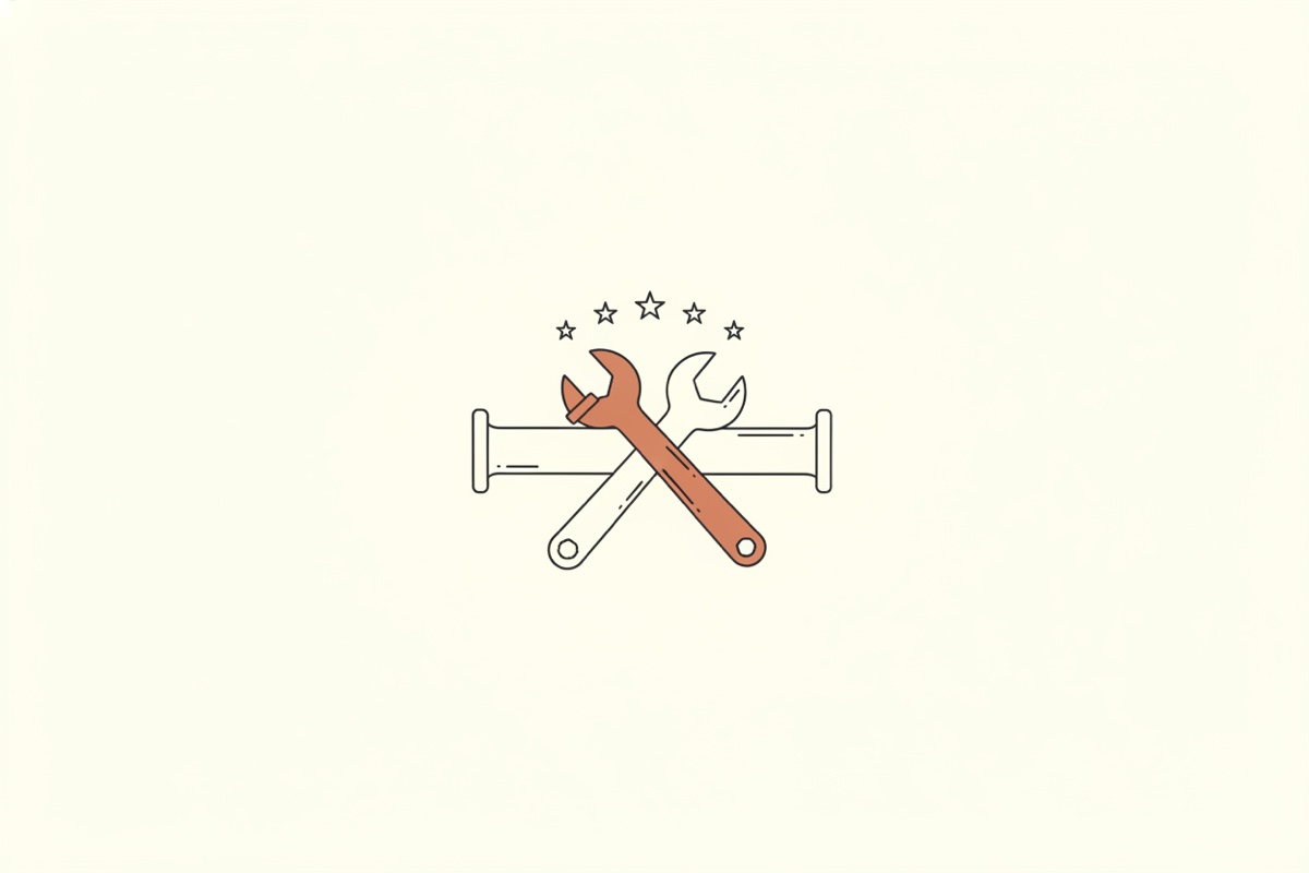 Line illustration: a wrench crossed over a pipe, five small stars arced above them.