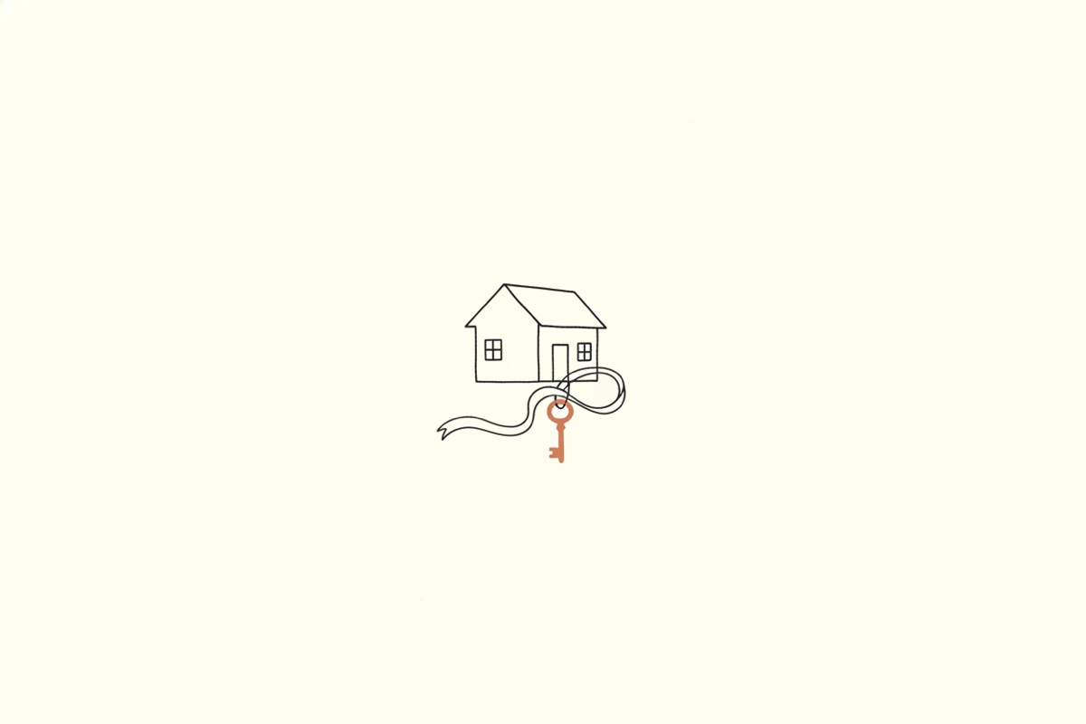 Line illustration: a house outline with a single key hanging from a ribbon in front of it.