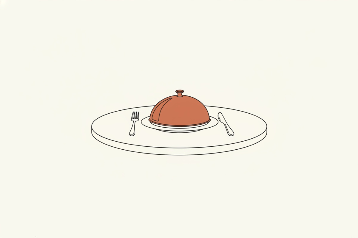 Line illustration: a single place setting with fork, knife and a covered dish on a round table.