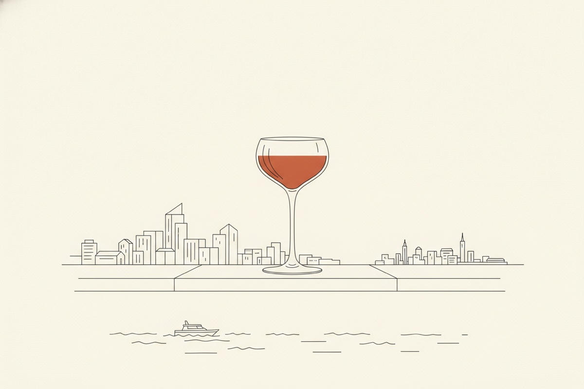 Line illustration: a champagne coupe on a ledge overlooking a harbor skyline.