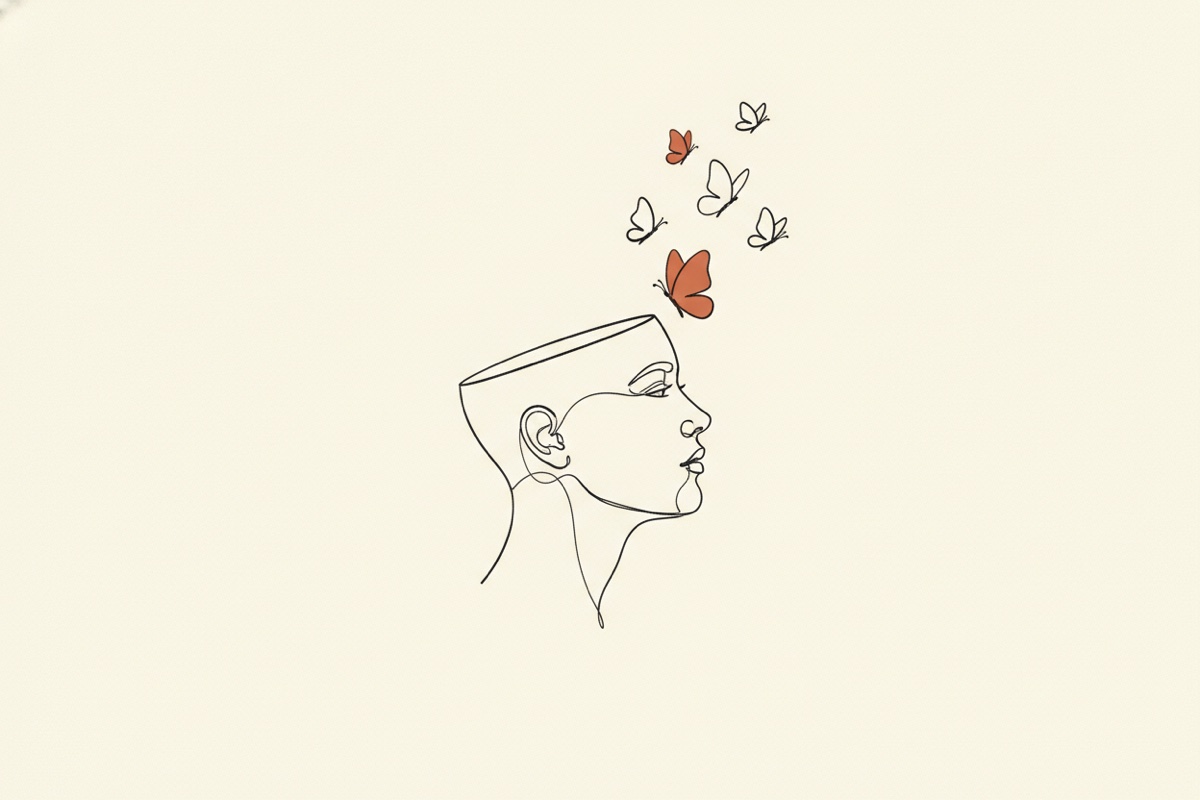 Line illustration: a head in profile drawn in a single line with butterflies escaping from the open top; one butterfly is the terracotta accent.