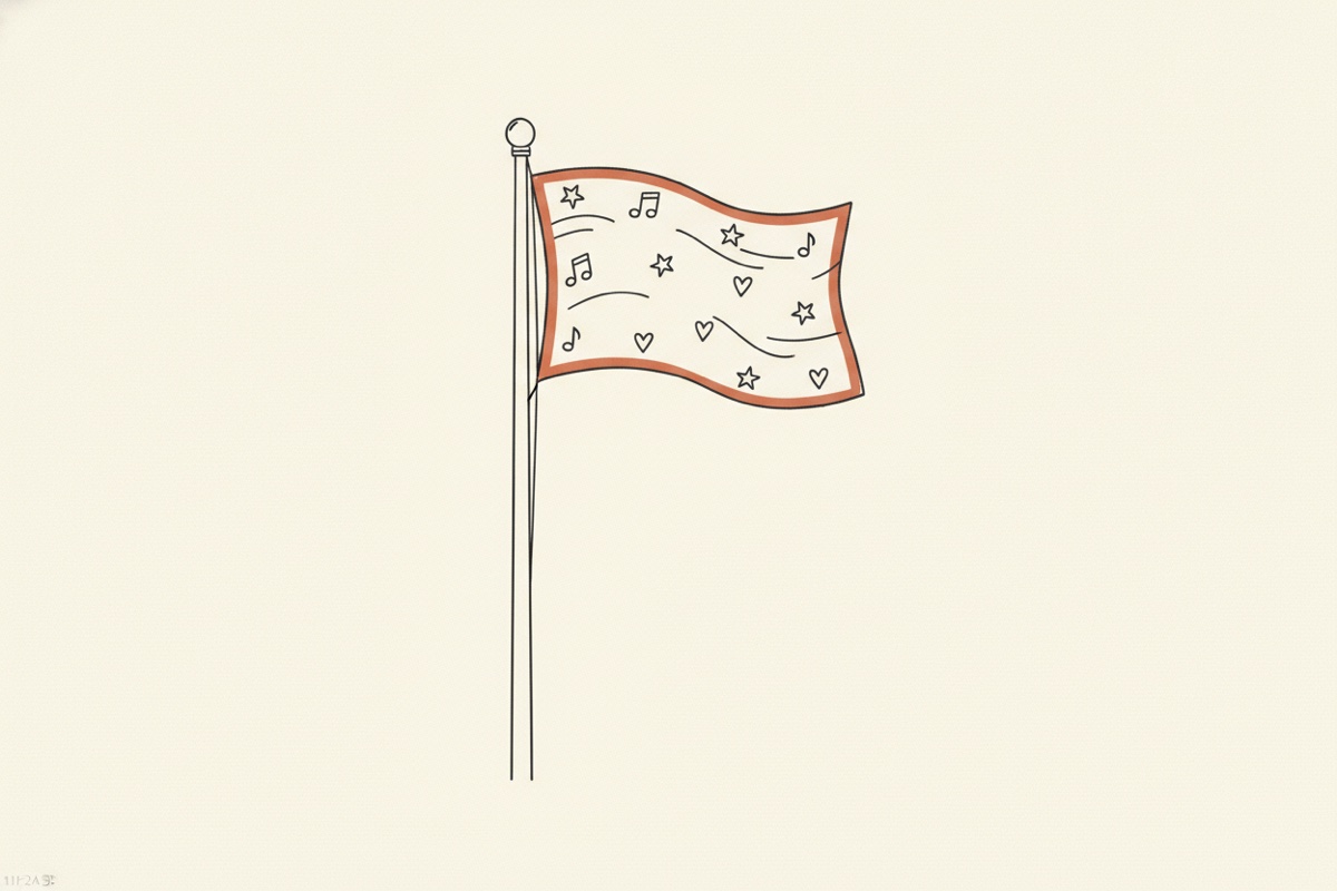 Line illustration: a waving flag on a pole, the flag filled with small icons — a music note, a star, a heart.