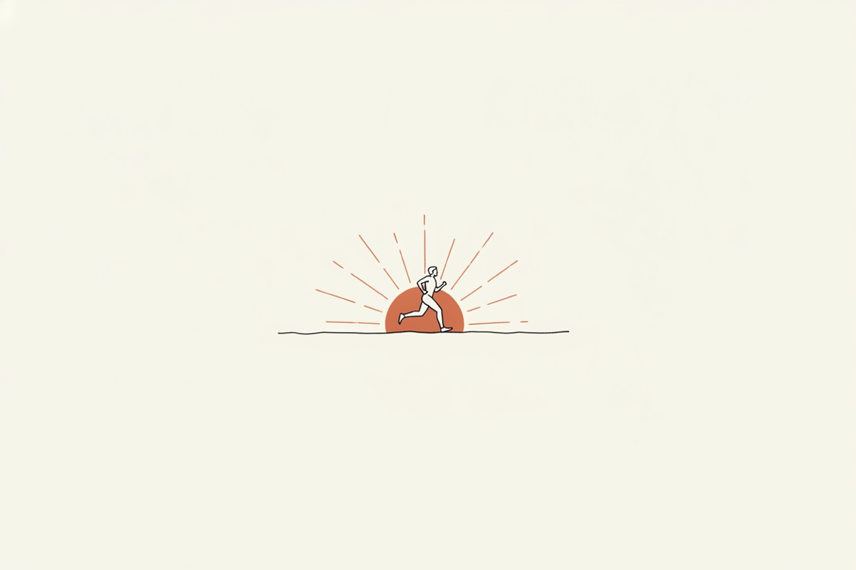 Line illustration: a single figure running at sunrise, alone on an open horizon.