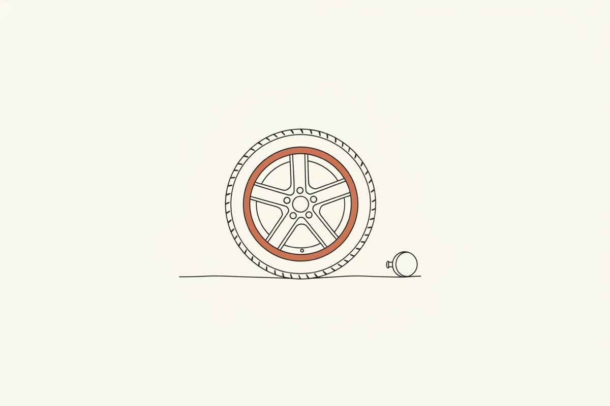 Line illustration: a car wheel where the tire visibly extends past the rim's edge, with a volume knob and steering wheel beside it.