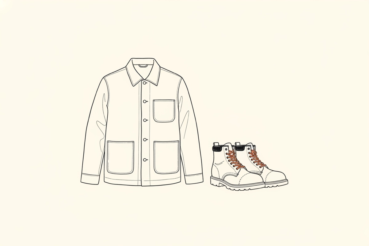 Line illustration: a chore jacket and a pair of work boots laid out neatly side by side