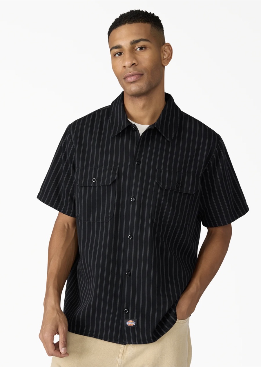 Black pinstripe short-sleeve work shirt