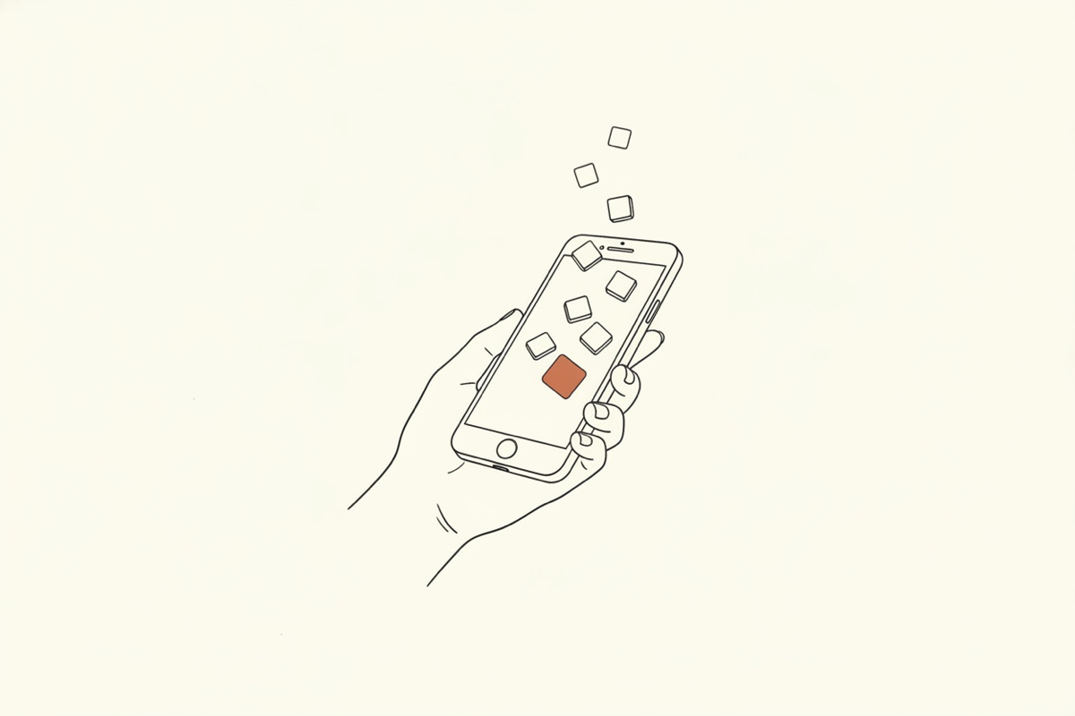 Line illustration of a hand tilting a phone so the app icons slide off the screen
