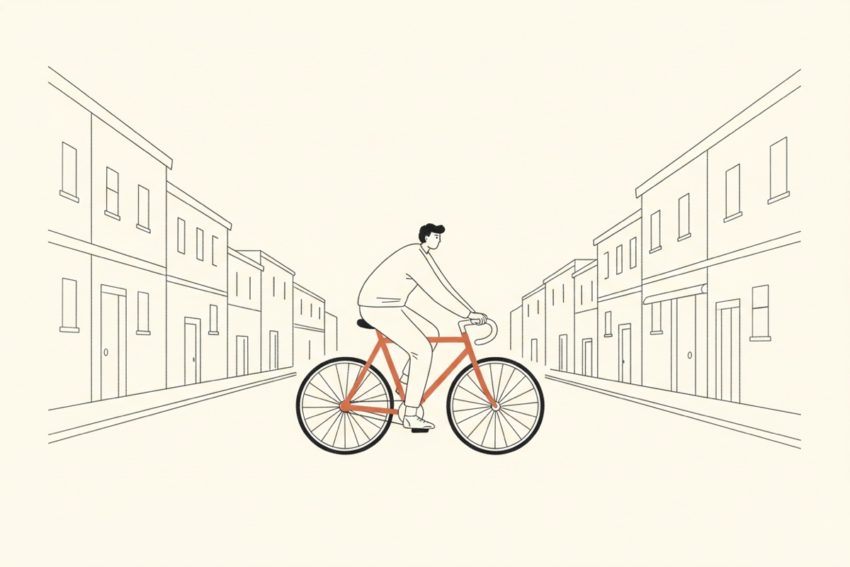 Line illustration of a cyclist riding relaxed down a quiet city street, no headphones