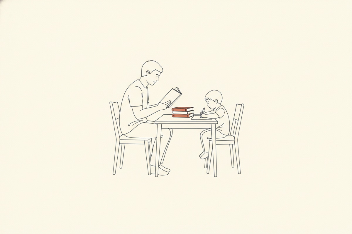 Line illustration of a parent reading and a child drawing at a table, a stack of books between them