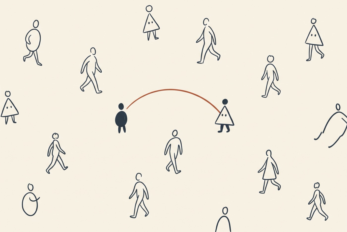 Line illustration of a crowd with two figures connected by a terracotta arc