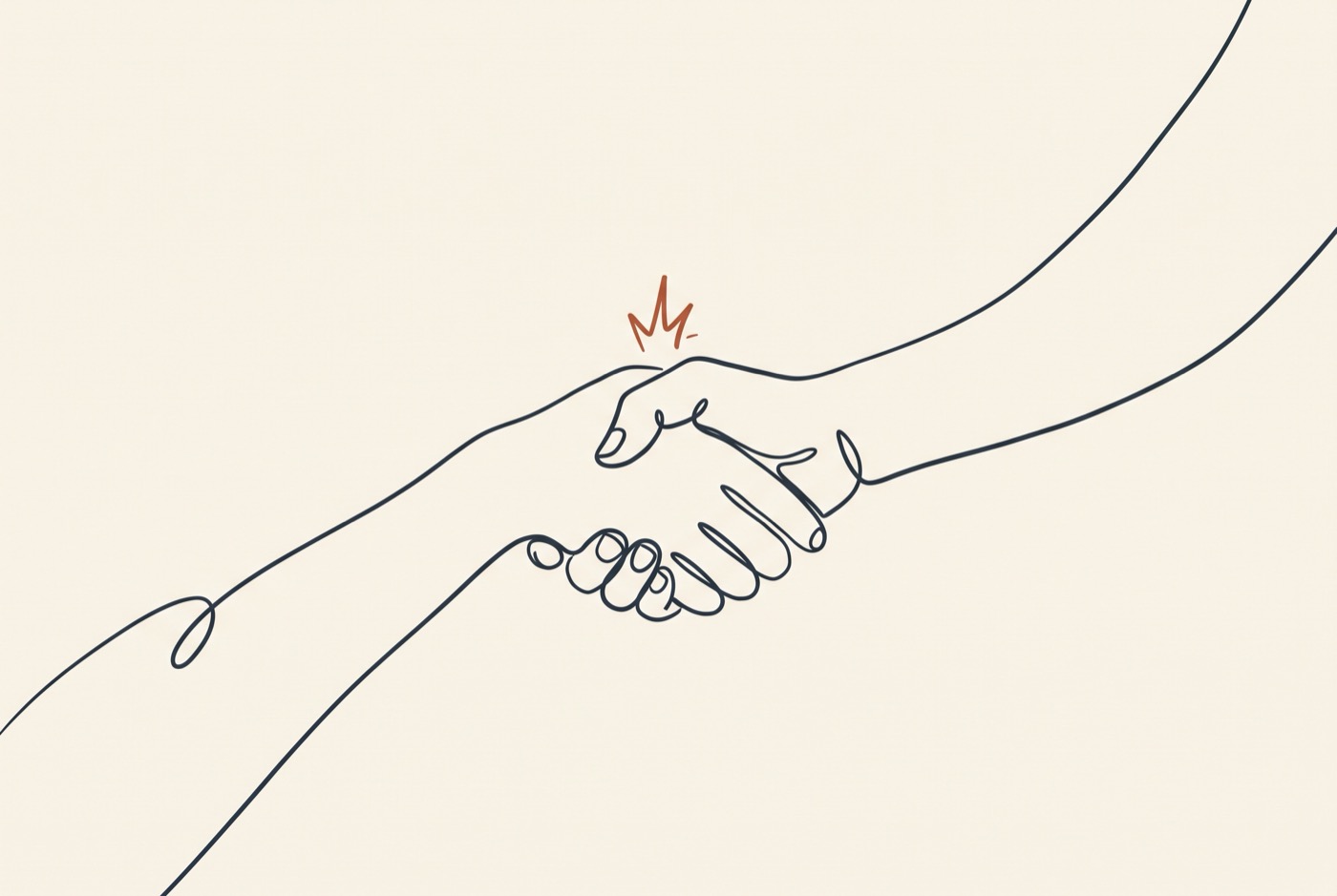Line illustration of a handshake drawn in one continuous line, a terracotta spark where the hands meet