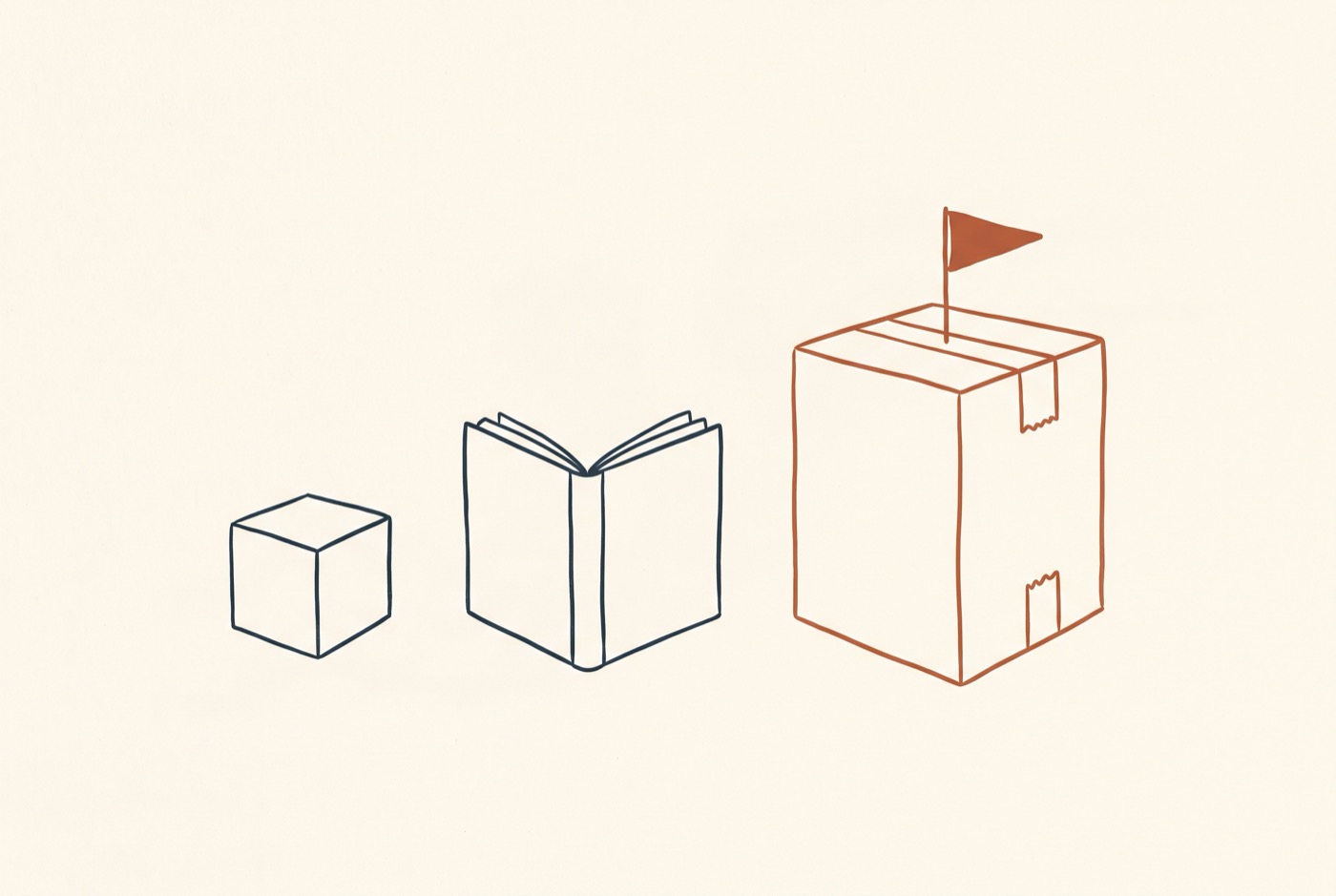 Line illustration of a small box, a book, and a large terracotta box with a flag — the progression to your own product