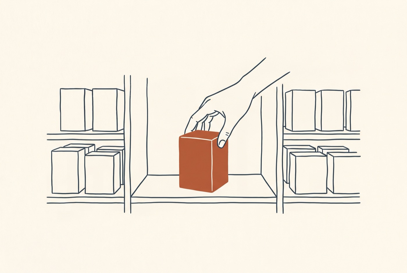 Line illustration of a hand placing a terracotta box on a shelf of plain boxes