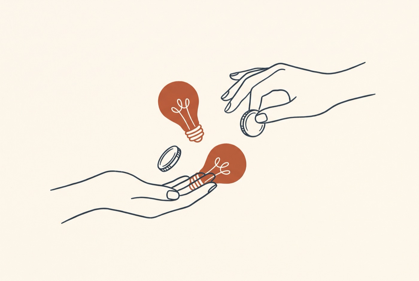 Line illustration of two hands trading a coin for lightbulbs